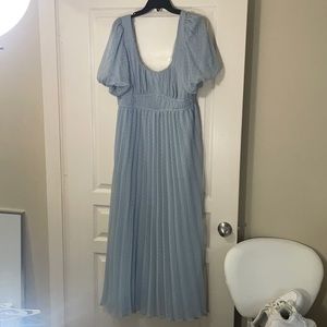 ASOS puff sleeve pleated midi dress with scallop trim in pastel blue size US 12